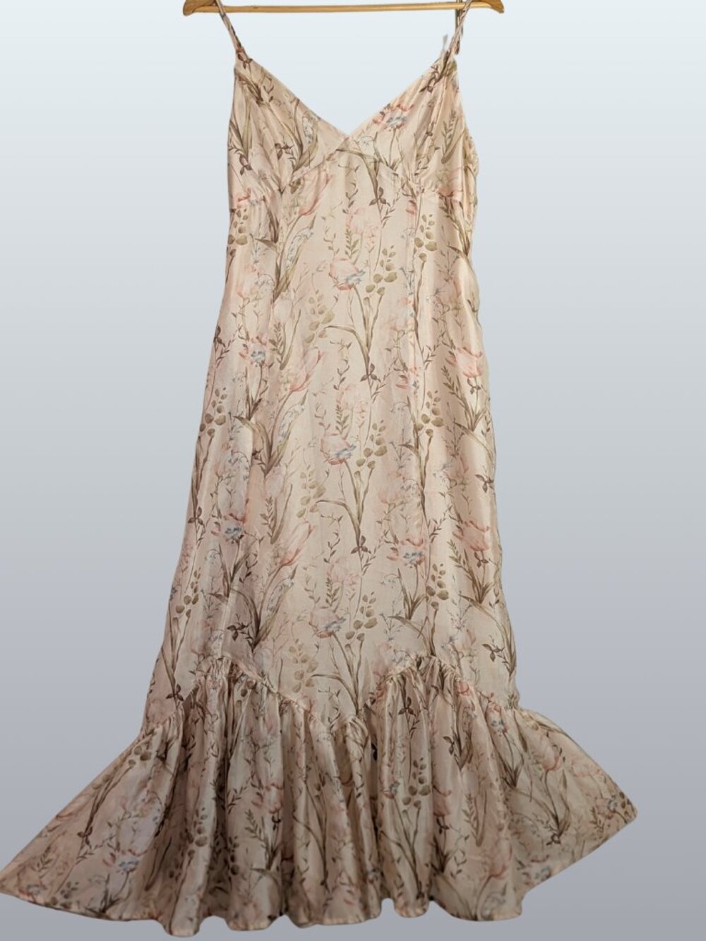 Storia Floral Slip Maxi Dress L Ruffled Fishtail Hem Romantic Fairycore NWOT - Picture 3 of 14